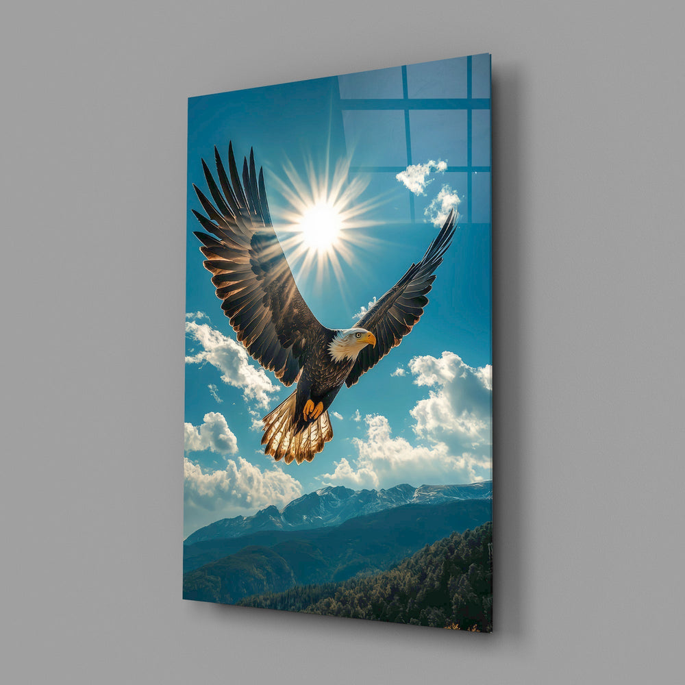 Bald Eagle Sunburst Blue Sky Glass Wall Art