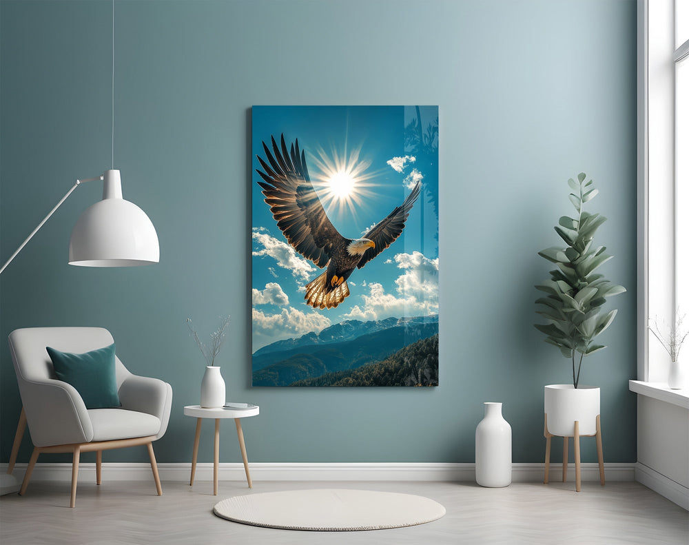 Bald Eagle Sunburst Blue Sky Glass Wall Art