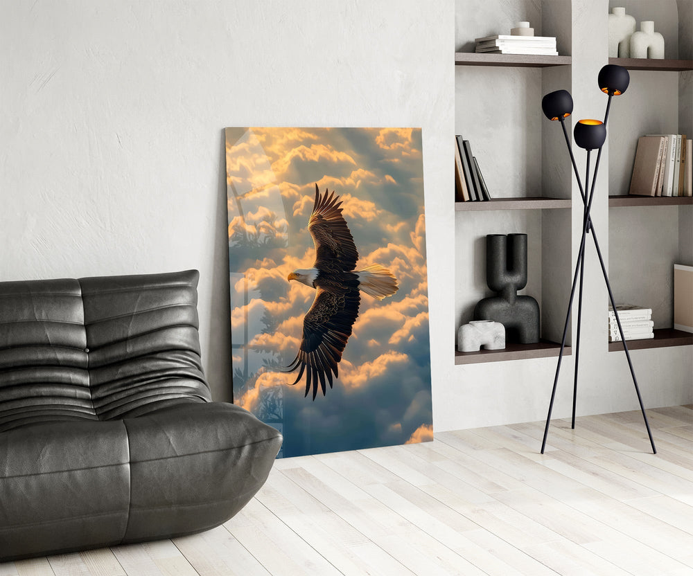 Bald Eagle Above Golden Clouds Glass Wall Art