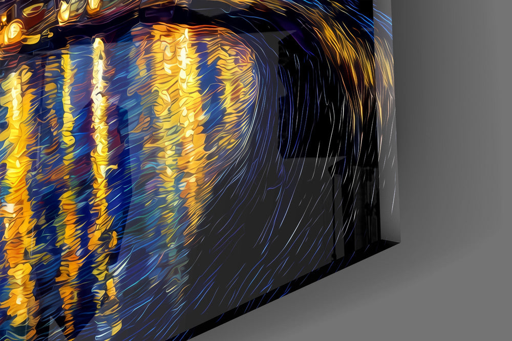 Swirling Starry Night City Skyline Glass Wall Art