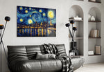 Swirling Starry Night City Skyline Glass Wall Art