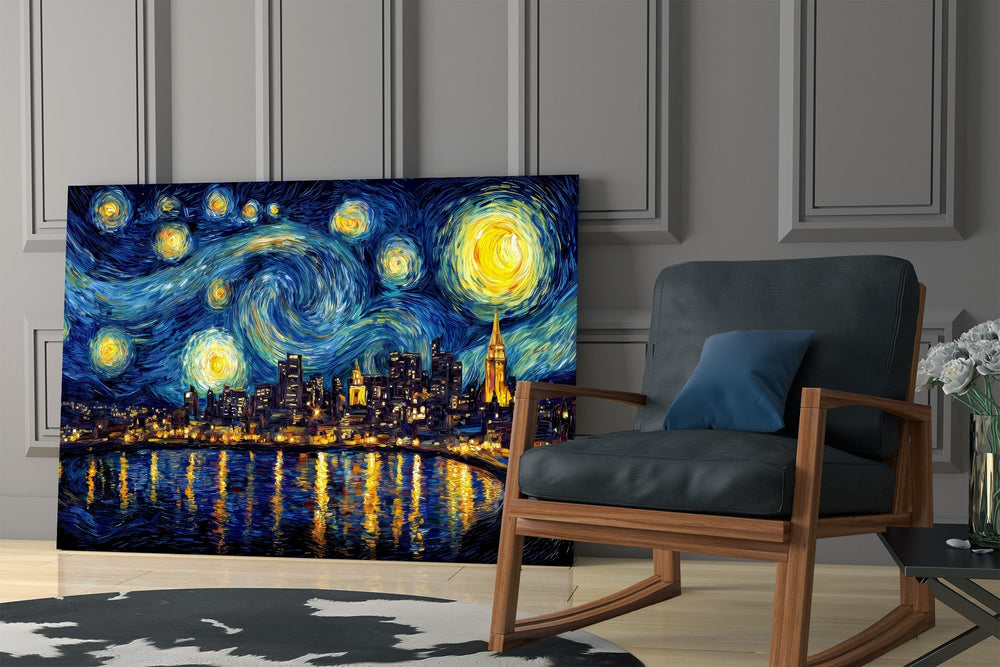 Swirling Starry Night City Skyline Glass Wall Art