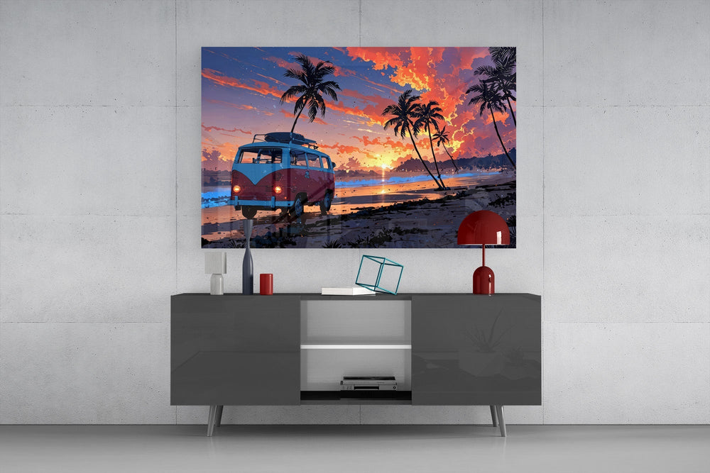 Retro Camper Van Beach Sunset Glass Wall Art
