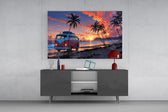 Retro Camper Van Beach Sunset Glass Wall Art