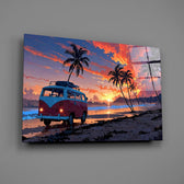 Retro Camper Van Beach Sunset Glass Wall Art