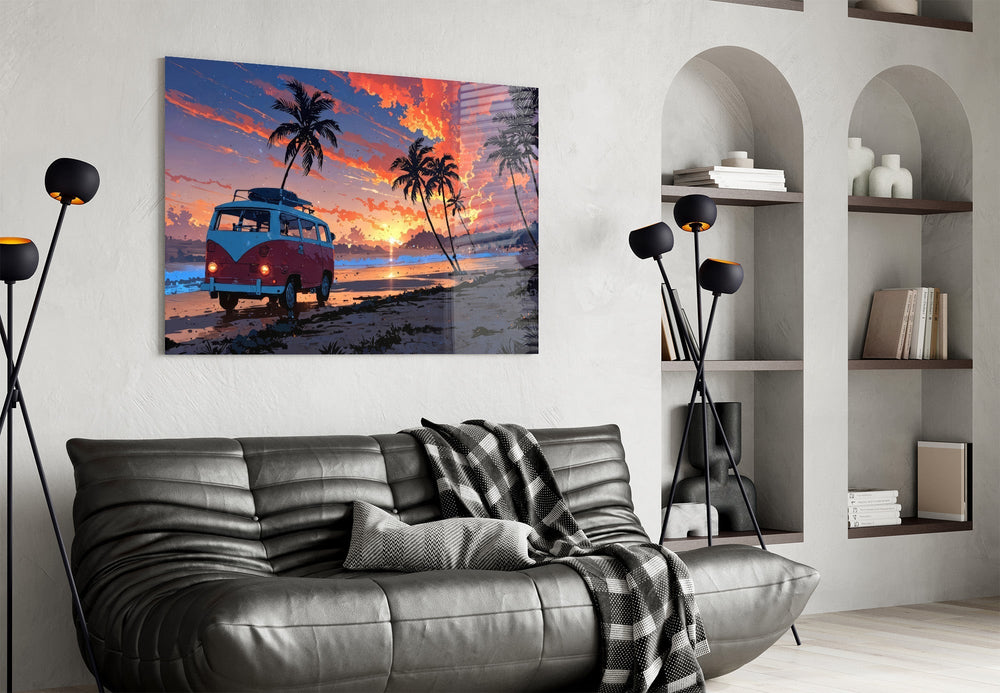 Retro Camper Van Beach Sunset Glass Wall Art
