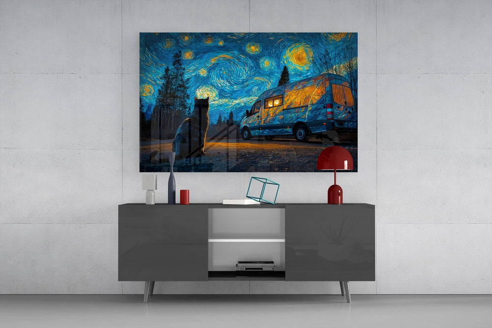 Starry Night Camper Van and Cat Glass Wall Art
