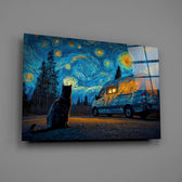 Starry Night Camper Van and Cat Glass Wall Art