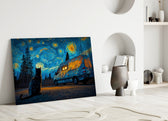 Starry Night Camper Van and Cat Glass Wall Art