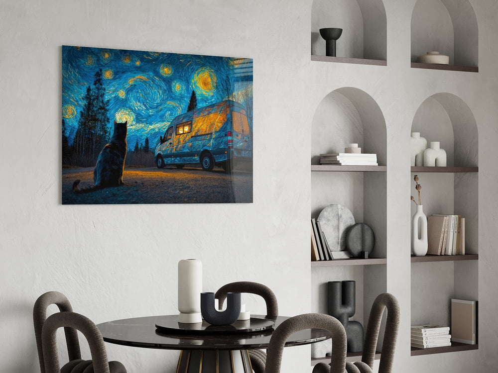 Starry Night Camper Van and Cat Glass Wall Art