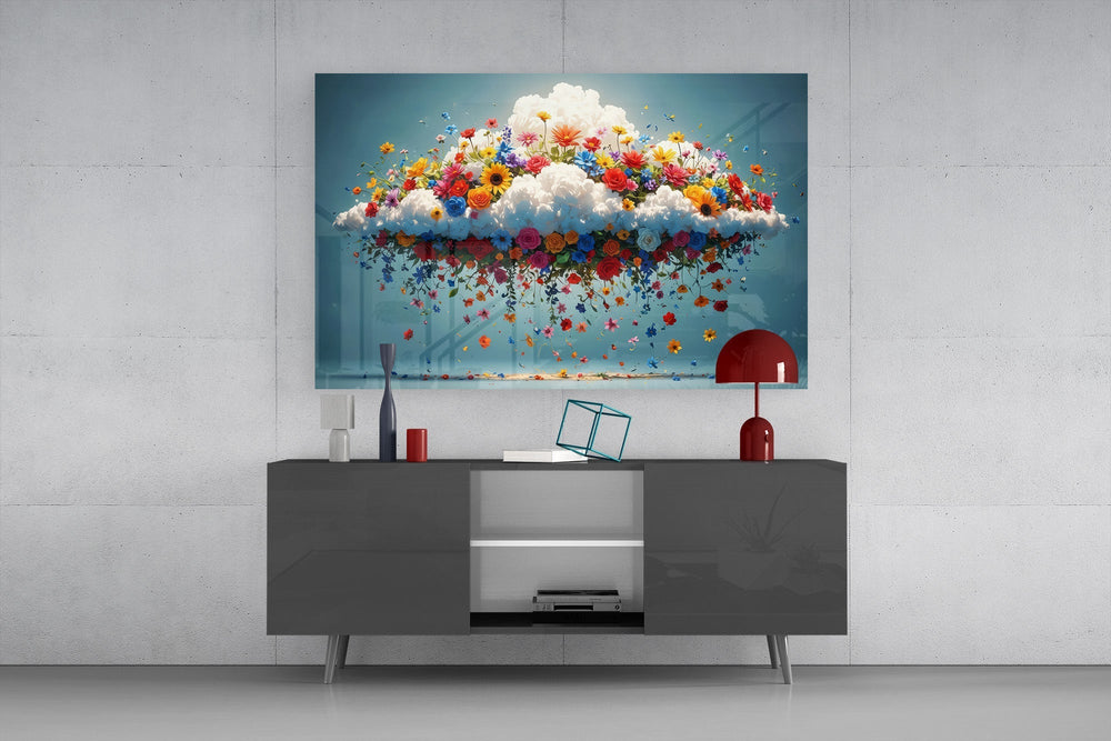 Blooming Cloud Wildflower Burst Glass Wall Art