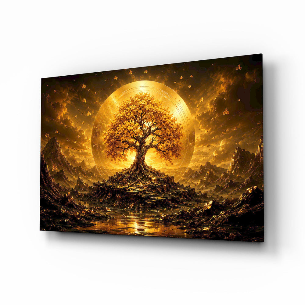 Golden Tree of Life Sun Disc Glass Wall Art