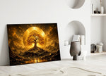 Golden Tree of Life Sun Disc Glass Wall Art