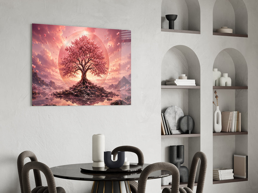Pink Cherry Blossom Tree Sunset Glass Wall Art