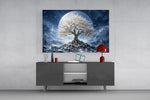 White Blossom Tree Full Moon Glass Wall Art