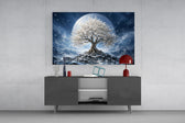 White Blossom Tree Full Moon Glass Wall Art