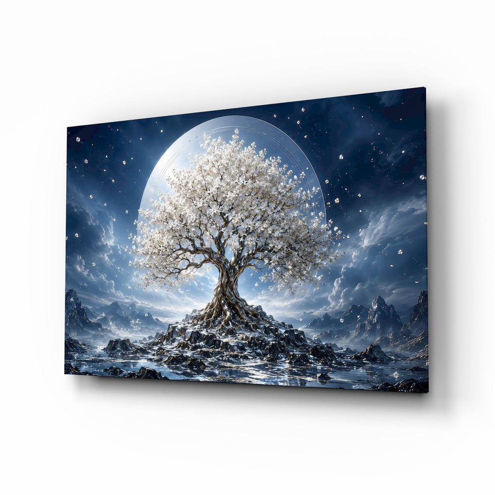 White Blossom Tree Full Moon Glass Wall Art