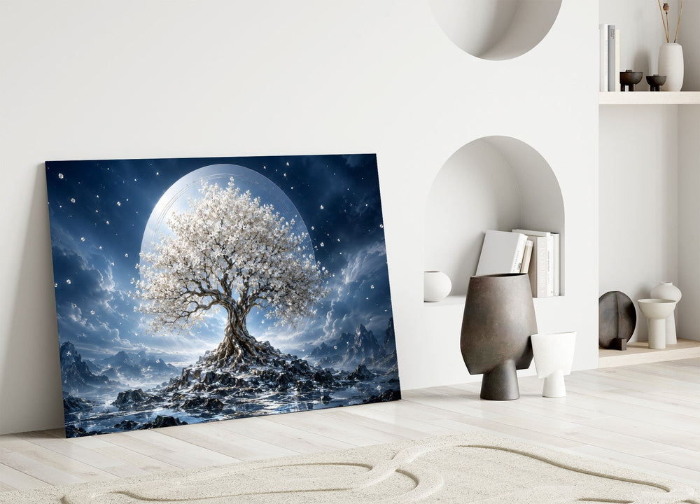 White Blossom Tree Full Moon Glass Wall Art