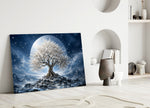 White Blossom Tree Full Moon Glass Wall Art
