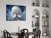 White Blossom Tree Full Moon Glass Wall Art