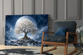 White Blossom Tree Full Moon Glass Wall Art