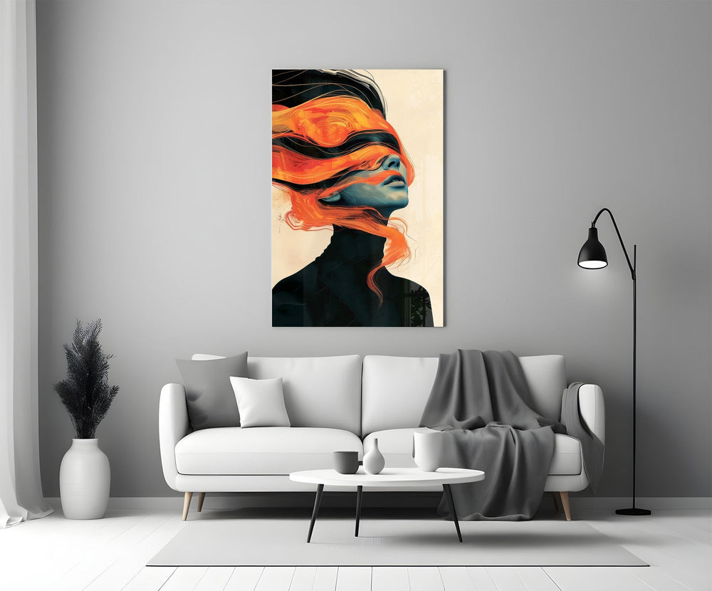 Orange Hair Veil Blue Portrait Glass Wall Art