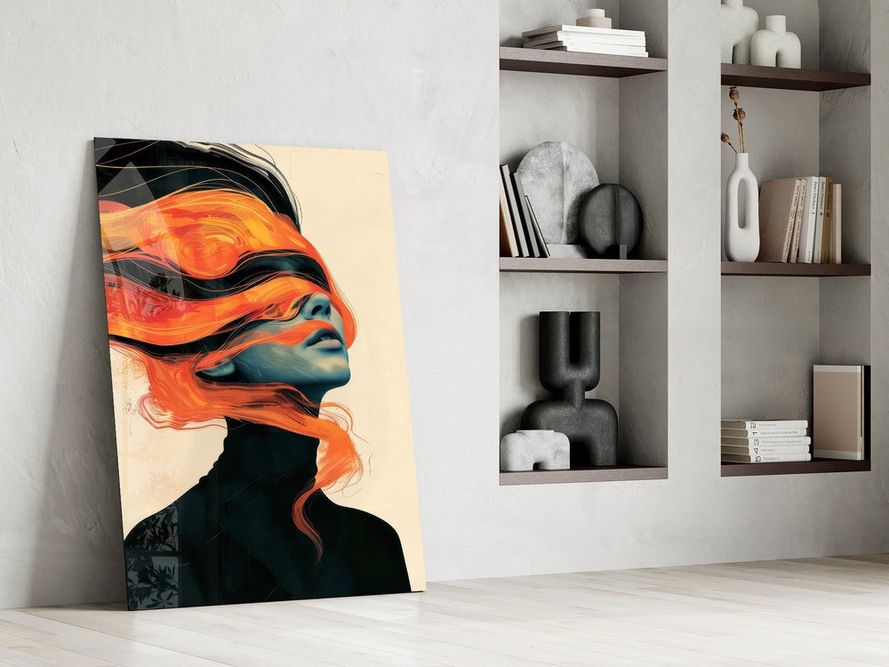 Orange Hair Veil Blue Portrait Glass Wall Art