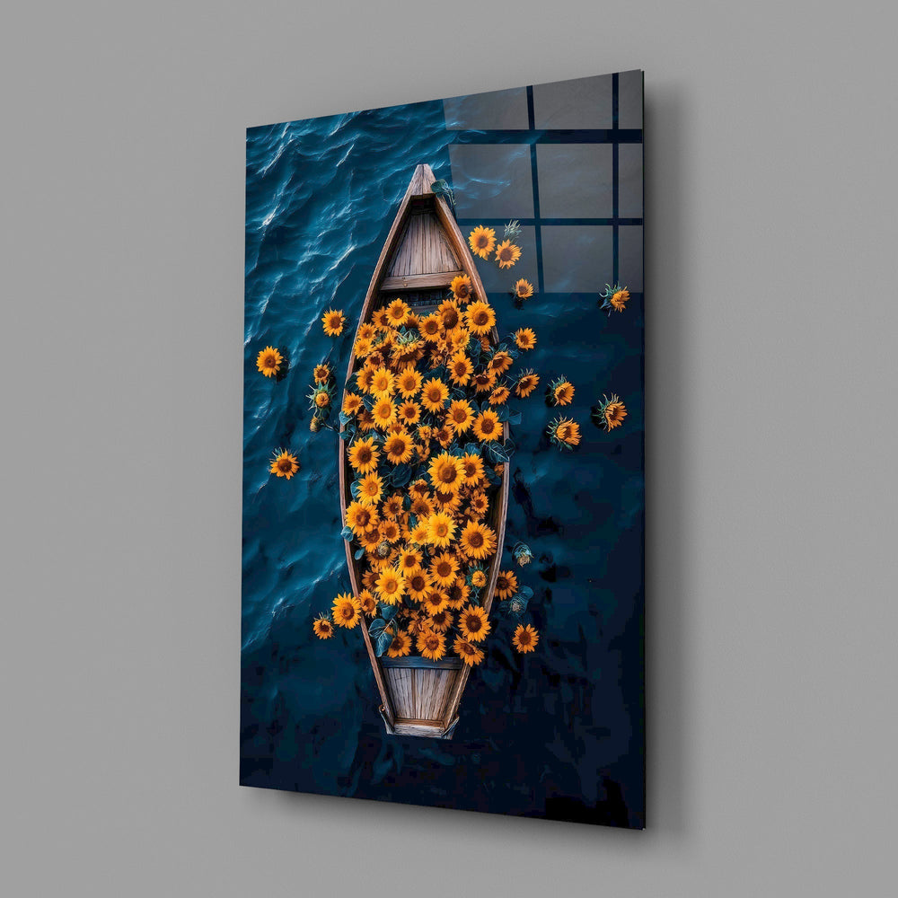 Sunflower Rowboat on Deep Blue Water Glass Wall Art