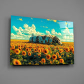 Derelict Airship in Sunflower Field Glass Wall Art