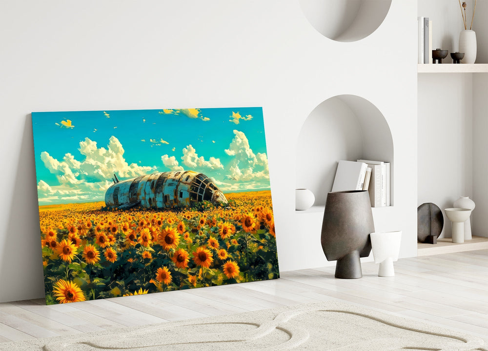 Derelict Airship in Sunflower Field Glass Wall Art