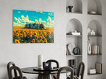 Derelict Airship in Sunflower Field Glass Wall Art