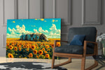 Derelict Airship in Sunflower Field Glass Wall Art