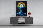 Blue Woman with Sunflower Crown Glass Wall Art