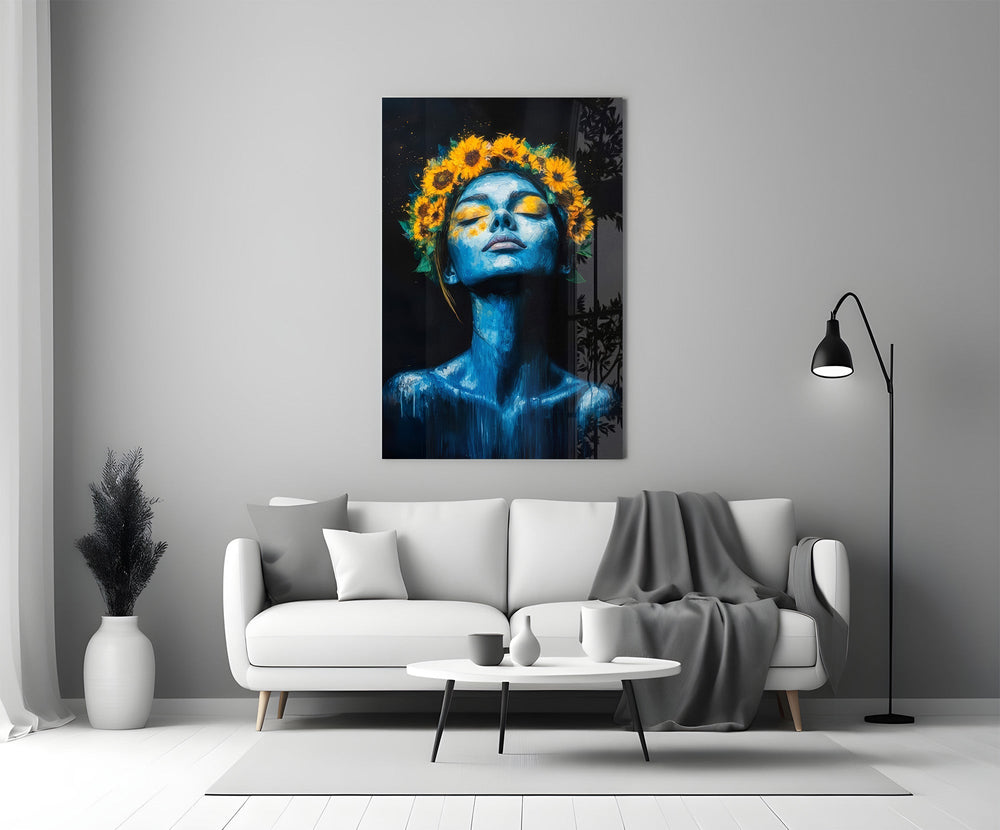 Blue Woman with Sunflower Crown Glass Wall Art