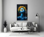 Blue Woman with Sunflower Crown Glass Wall Art