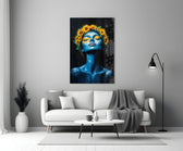 Blue Woman with Sunflower Crown Glass Wall Art