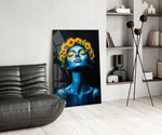 Blue Woman with Sunflower Crown Glass Wall Art