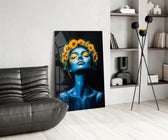 Blue Woman with Sunflower Crown Glass Wall Art