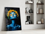 Blue Woman with Sunflower Crown Glass Wall Art