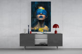 Blue Blindfold Dripping Portrait Glass Wall Art