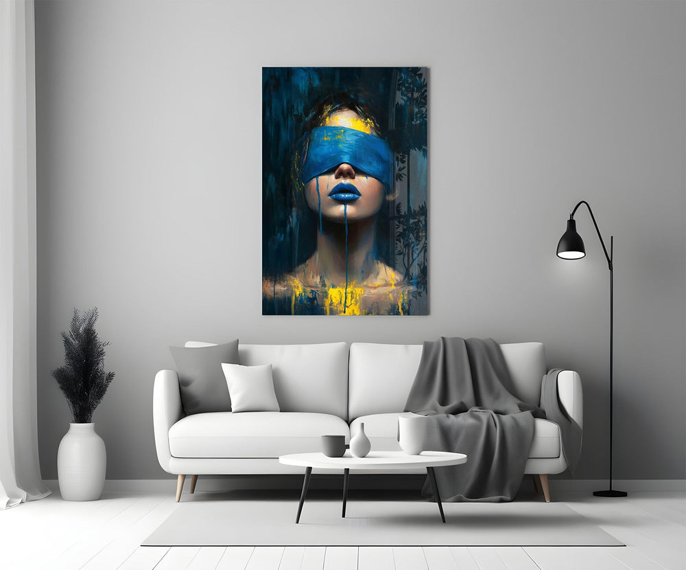 Blue Blindfold Dripping Portrait Glass Wall Art