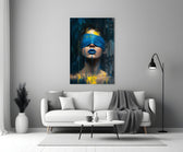 Blue Blindfold Dripping Portrait Glass Wall Art
