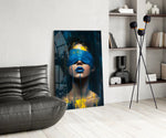 Blue Blindfold Dripping Portrait Glass Wall Art