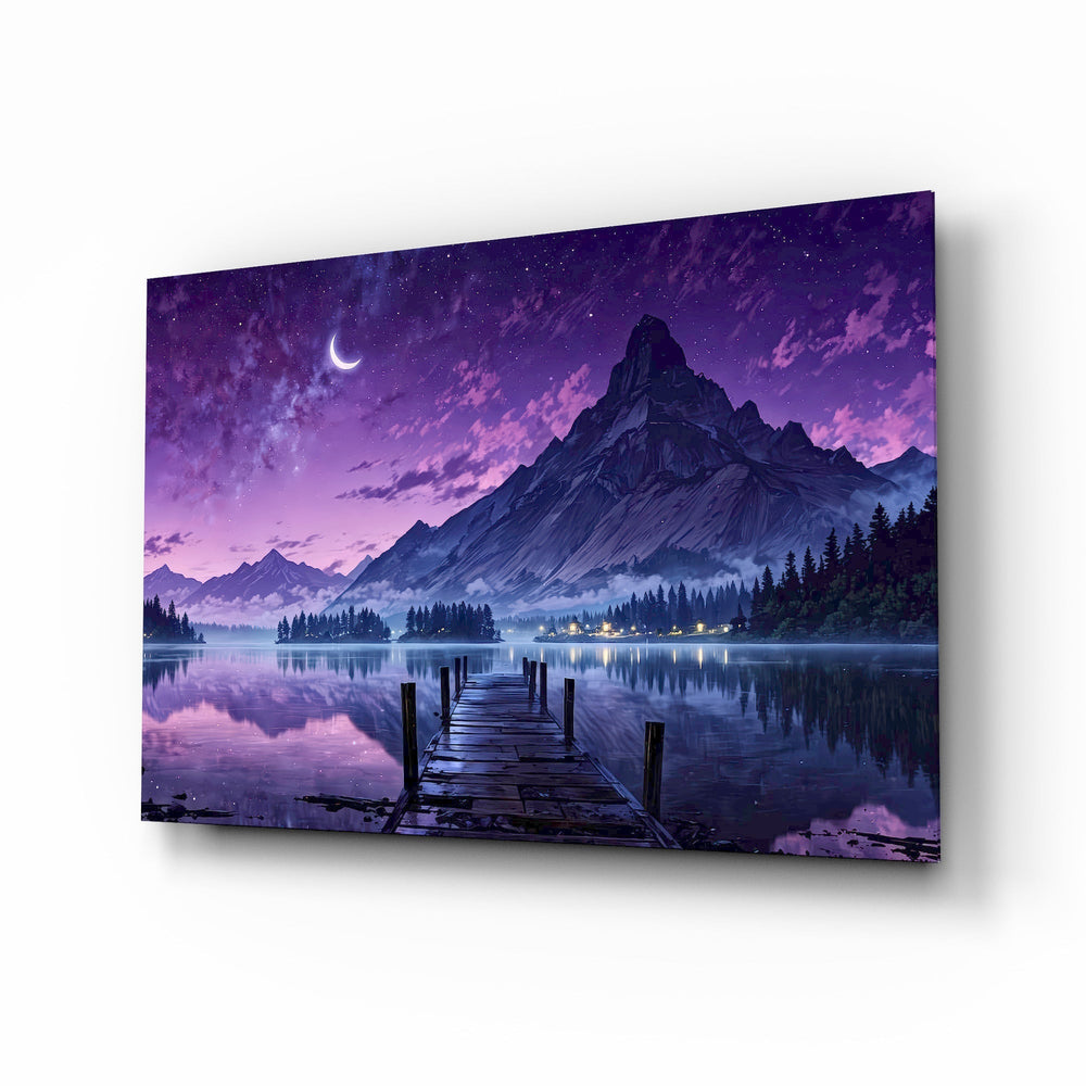 Purple Twilight Lake Dock Glass Wall Art