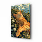 Ginger Cat Lounging in Wildflowers Glass Wall Art