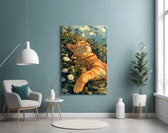 Ginger Cat Lounging in Wildflowers Glass Wall Art