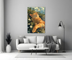 Ginger Cat Lounging in Wildflowers Glass Wall Art