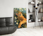 Ginger Cat Lounging in Wildflowers Glass Wall Art