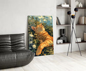 Ginger Cat Lounging in Wildflowers Glass Wall Art