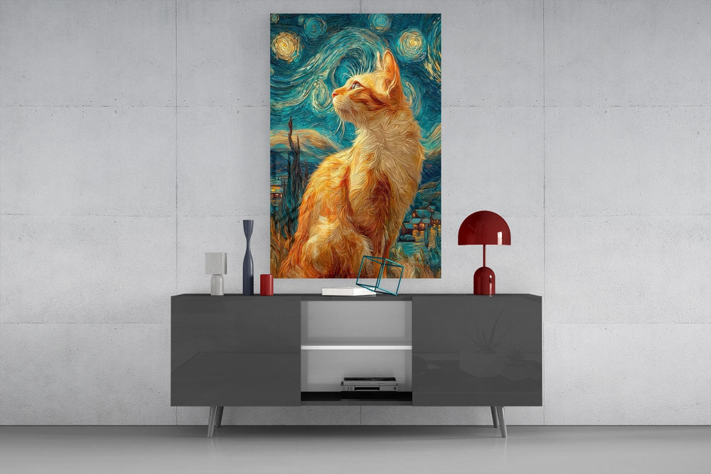 Swirling Starry Night Ginger Cat Glass Wall Art